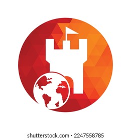 Castle globe vector logo design. Unique fortress and globe logotype design template.