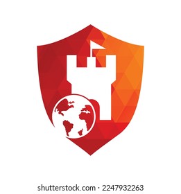 Diseño del logo del vector del globo del castillo. Plantilla de diseño de tipo logotipo de fortaleza y globo.