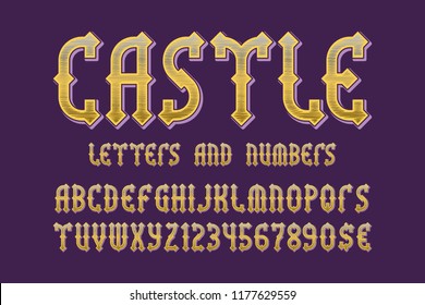 Castle golden letters and numbers with currency signs. Medieval gaming stylized font.