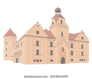 Ēdole Castle, a Gothic Revival castle located in Latvia isolated illustration.