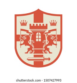 Castle, Griffons, Crown and Sword silhouettes, shield design, abstract vector illustration
