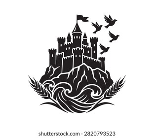 Castle growing from a mountain cliff in premium black silhouette vector style.