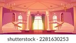 Castle hall interior. Royal palace ballroom with columns, staircases, window with curtains and gold chandeliers. Medieval banquet room in baroque style, vector cartoon illustration
