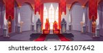 Castle hall with thrones for king and queen. Ballroom interior, Medieval palace for royal family with flags, guards with swords stone statues. Fantasy, fairy tale, pc game Cartoon vector illustration