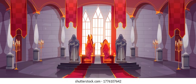 Castle hall with thrones for king and queen. Ballroom interior, Medieval palace for royal family with flags, guards with swords stone statues. Fantasy, fairy tale, pc game Cartoon vector illustration