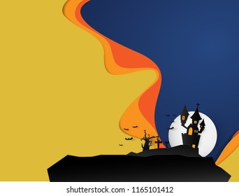 Castle Halloween Banner background. Paper cut vector illustration
