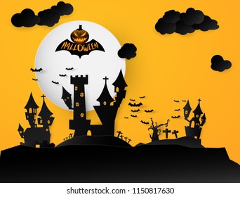 Castle Halloween Text Banner background. Paper cut vector illustration
