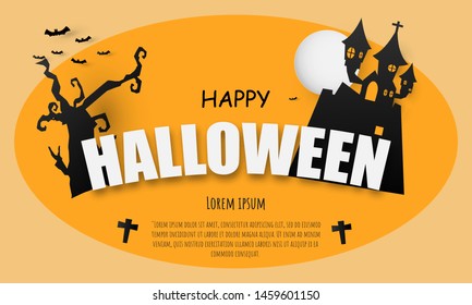 Castle Halloween Text Banner background. Paper cut vector illustration