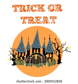 Castle, Halloween, trick or treat lettering witch's castle, secret place, moon, darkness, holiday, rising moon, orange.