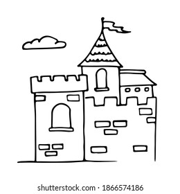 Castillo. Dibujo manual. Buen dibujo. Esbozo en blanco y negro. Vector.