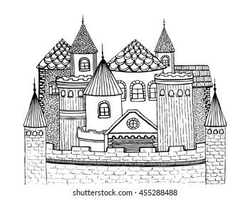 Castle of hand drawn cartoon fairy tale. Chateau icon Isolated on white background. Doodle vector sketch.