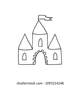 castle hand drawn doodle. vector, minimalism, scandinavian, monochrome, nordic, sketch. icon, sticker. flags, towers, fairy tale, children.