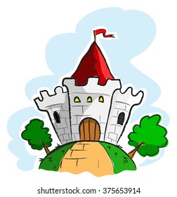 Castle, a hand drawn vector illustration of a Castle in fantasy style, properly grouped between the main sketch, main colors, white outline, and the background for easy editing.