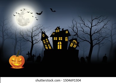Castle  haunted house   ghost hands  tomb full moon night  illustrator Vector Eps 10 