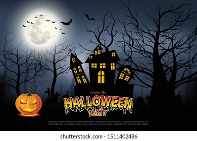 Castle, haunted house and ghost hands, tomb on full moon night. illustrator Vector Eps 10.