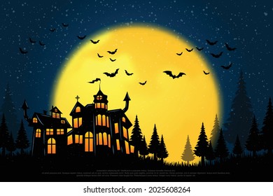 Castle, haunted house and ghost hands, tomb on full moon night. illustrator Vector Eps 10.