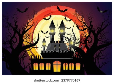 Castle, haunted house and ghost hands, tomb on full moon night. Vector