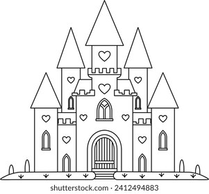 Castillo con página de coloreado de ilustración de corazones. página de color de San Valentín