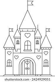 Castle with hearts illustration coloring page. Valentine colouring page