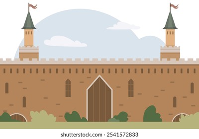 Castle with high walls, two towers with flags, central gate, clouds in sky, and greenery. Ideal for history, architecture, fantasy, education, storytelling. Simple vector style