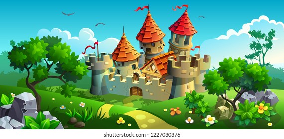 Castle in the hills. Fairytale palace. A wall with towers.