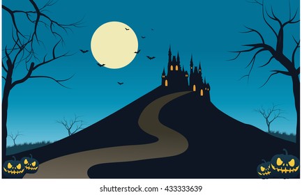 Castle in hills scenery Halloween and full moon