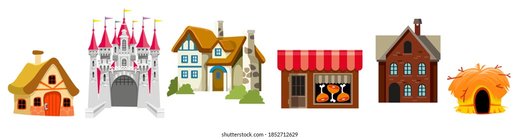 Castle, house, shop, hut, building, construction for people of different classes in the Middle Ages. Fairy tale in vector and color.