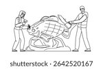 castle ice sculpture vector. snow statue, blue building, medieval tower castle ice sculpture character. people black line pencil drawing illustration