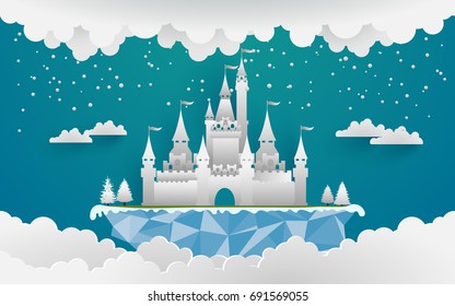 castle in iceland and beautiful sky. vector illustration of castle in winter. paper art style