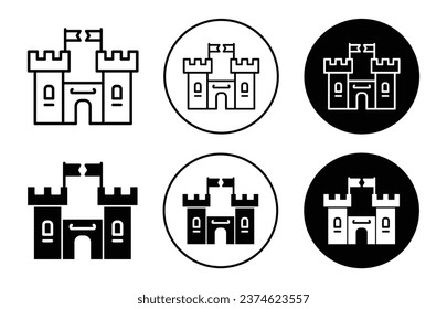 Castle icon. Ancient historical protection wall building symbol set. Fortress of royal kingdom vector sign. Fantasy stone made bouncy sand fort line logo. Citadel castle with flag icon