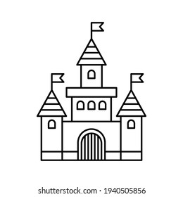 Castle icon. Black contour linear silhouette. Front view. Vector flat graphic illustration. The isolated object on a white background. Isolate.