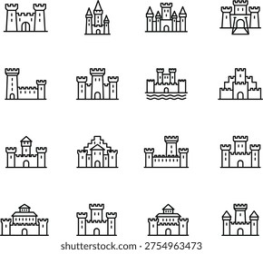 Castle icon collection featuring towers, battlements, gates, turrets, drawbridge, moat, medieval architecture fantasy vector illustration design