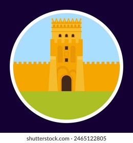 Castle icon in flat style on blue background. Fortress vector illustration.