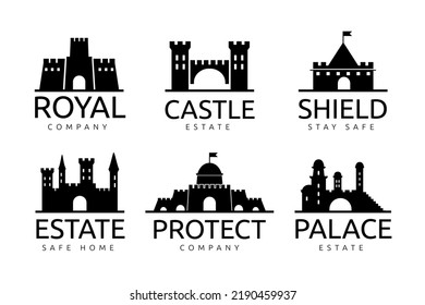 Castle icon. Fort logo. Stronghold silhouette. Old building. Outline fortress. Ancient fairytale citadel construction. Company brand emblem. Palace symbol. Vector cartoon logotype set