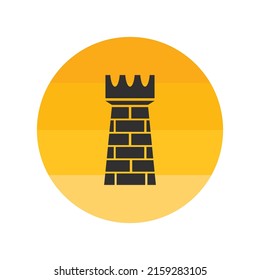 Castle icon or fortress icon on yellow circle. Chess game concept. Rook icon.