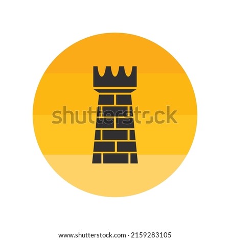 Castle icon or fortress icon on yellow circle. Chess game concept. Rook icon.