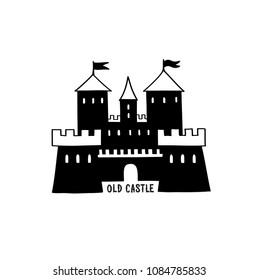 Castle icon. Hand drawn doodle castle building isolated with handwritten lettering CASTLE