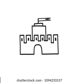 Castle icon. Hand drawn doodle castle building isolated with handwritten lettering CASTLE