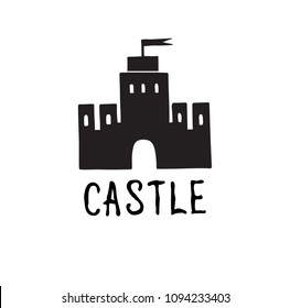 Castle icon. Hand drawn doodle castle building isolated with handwritten lettering CASTLE