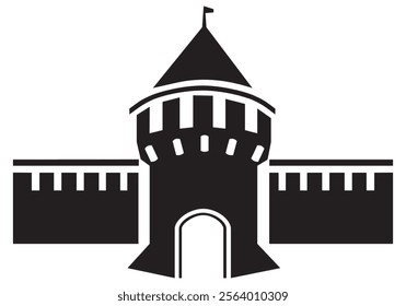 Castle icon isolated on black and white background. ornate castle gate.
