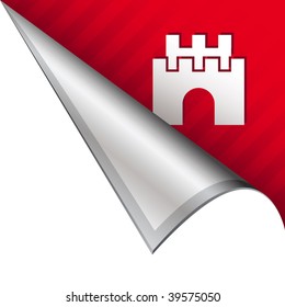 Castle icon on vector peeled corner tab suitable for use in print, on websites, or in advertising materials.