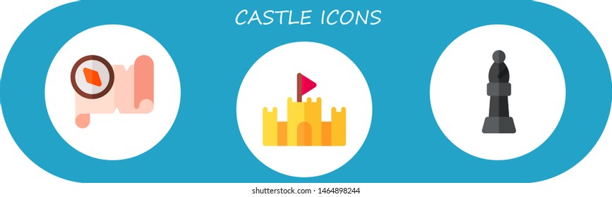 castle icon set. 3 flat castle icons.  Collection Of - treasure map, sand castle, bishop