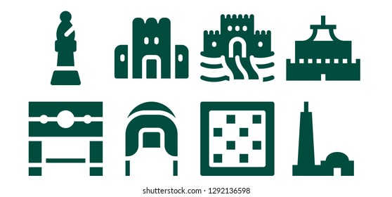  castle icon set. 8 filled castle icons. Simple modern icons about  - Pillory, Bishop, Coif, Sand castle, Chess board, Qutb minar, Castle