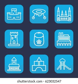 Castle icon. set of 9 outline castle icons such as castle, baby toy