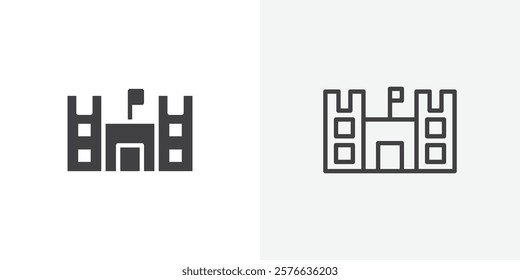 Castle icon set in black flat solid and outlined style.