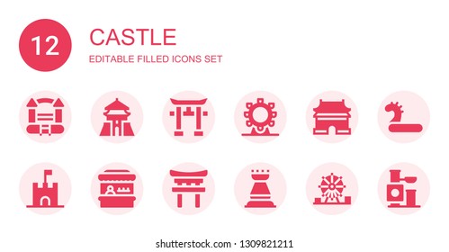 castle icon set. Collection of 12 filled castle icons included Bouncy castle, Chiang kai shek, Torii, Ferris wheel, Ming dynasty tombs, Sand Fairground, Rook, Amusement park