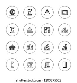 Castle icon set. collection of 16 outline castle icons with arch, brandenburg gate, chess, ferris wheel, haunted house, inflatable, petra, rook, toy icons.