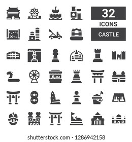 castle icon set. Collection of 32 filled castle icons included Castle, Shrine remembrance, Bumper car, Torii, Knight, Abu simbel, Sand bucket, Pawn, Nevyansk, Inflatable, Rook svg