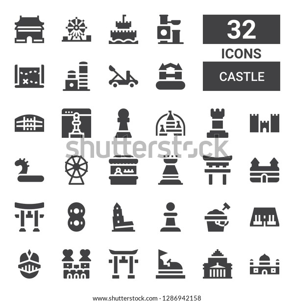 castle icon set.\
Collection of 32 filled castle icons included Castle, Shrine\
remembrance, Bumper car, Torii, Knight, Abu simbel, Sand bucket,\
Pawn, Nevyansk, Inflatable,\
Rook