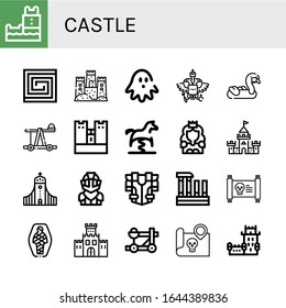 castle icon set. Collection of Belem tower, Portuguese, Sand castle, Haunted house, Coat of arms, Inflatable, Catapult, Obidos castle, Spring swing horse, Princess, icons